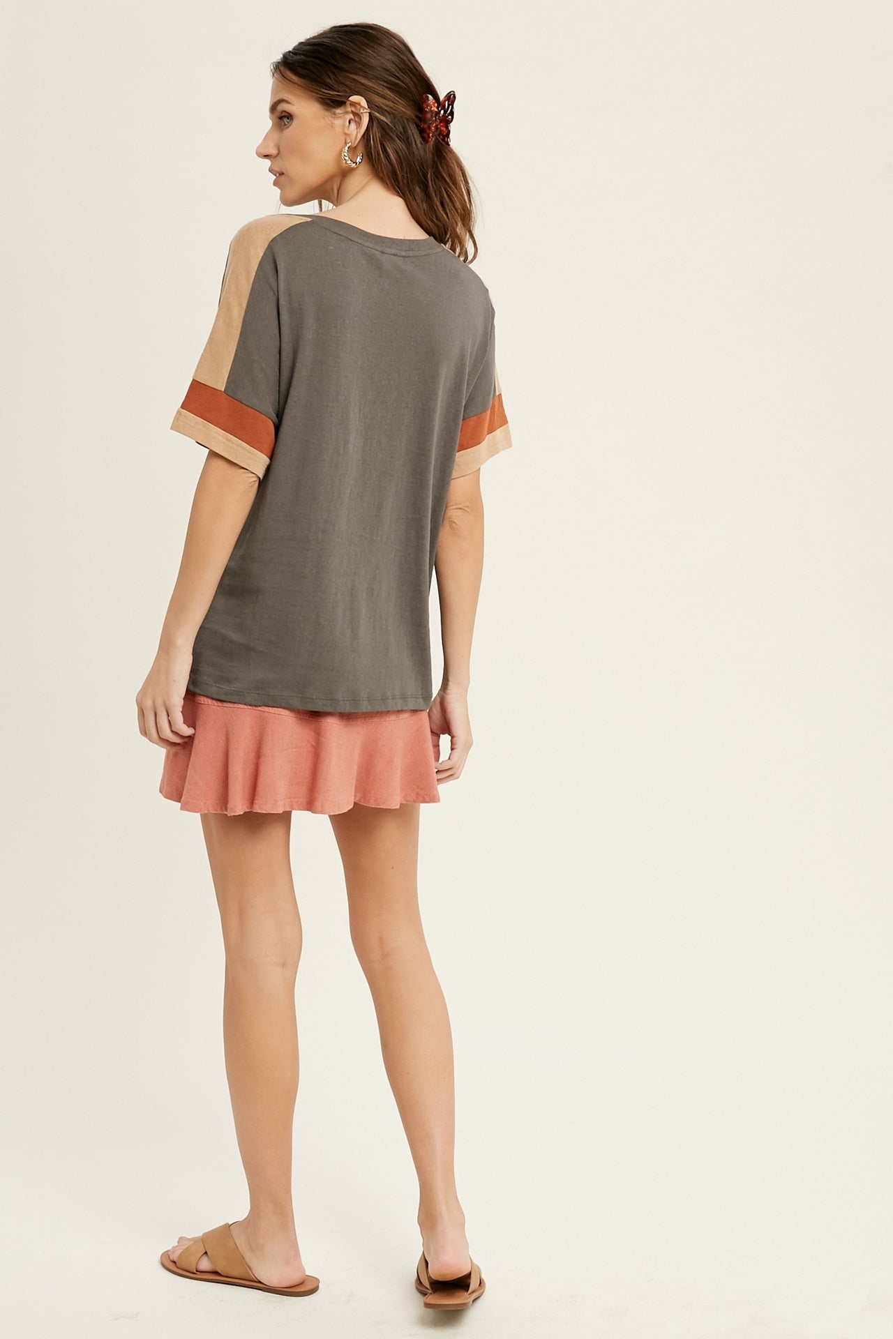 Colorblock Short Sleeve Top Charcoal and Rust