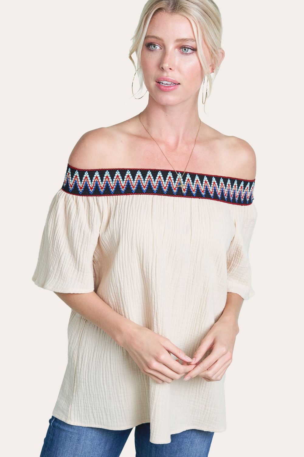 Beige Blouse with multi Color Band
