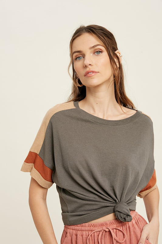 Colorblock Short Sleeve Top Charcoal and Rust