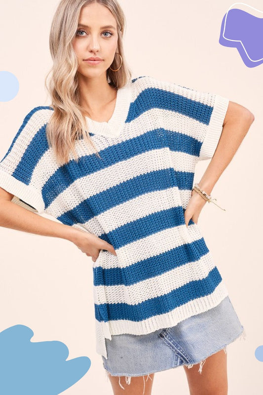 Teal Blue Stripped Lightweight Sweater