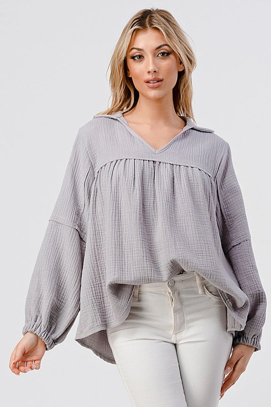 Gauze Peasant Top Light Grey